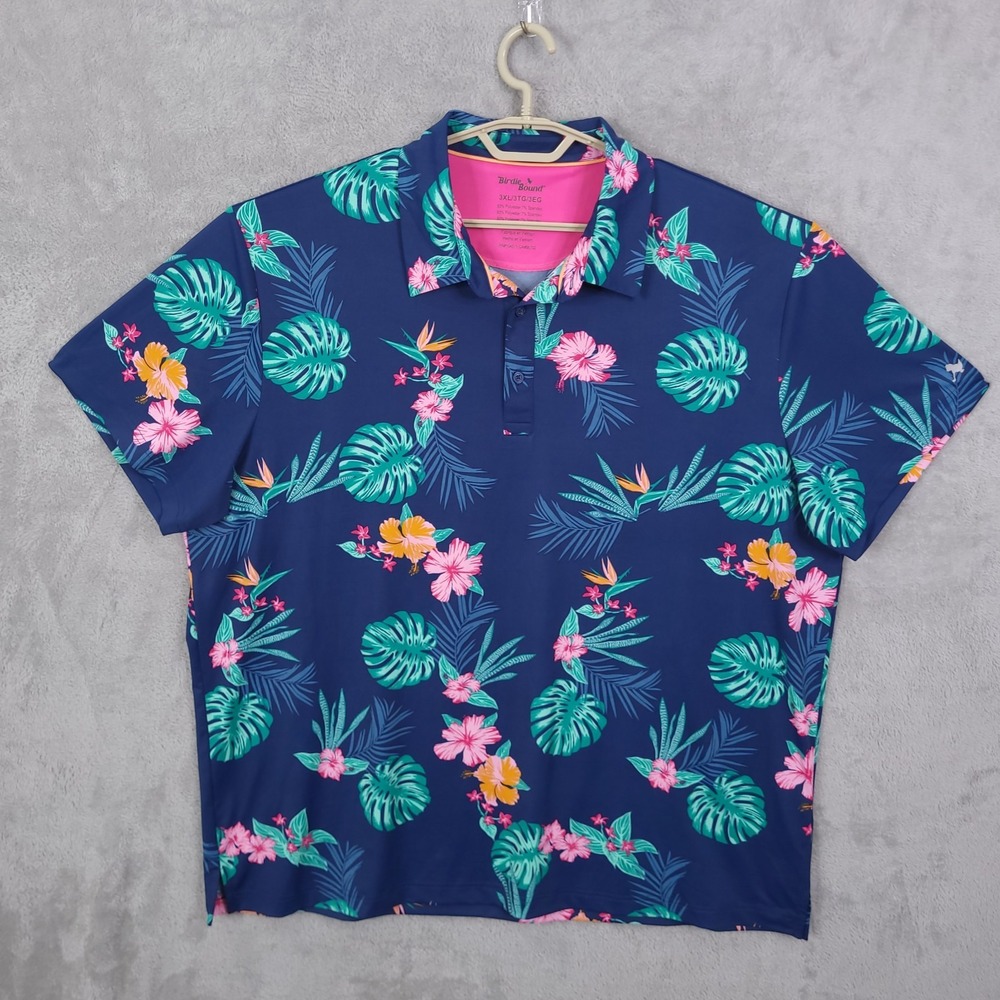 Birdie Bound Polo Shirt Mens 3XL Blue Tropical Floral Golf Performance